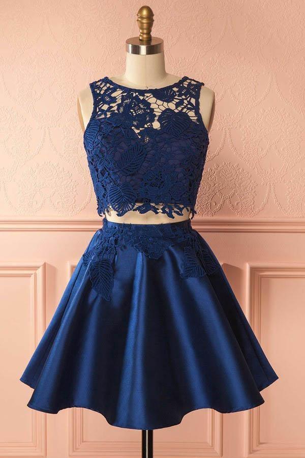 Two Piece Dark Blue Satin Homecoming Dress with Lace Appliques PG157 - Pgmdress