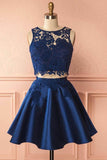 Two Piece Dark Blue Satin Homecoming Dress with Lace Appliques PG157 - Pgmdress