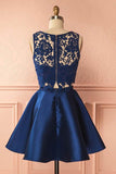 Two Piece Dark Blue Satin Homecoming Dress with Lace Appliques PG157 - Pgmdress