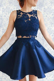 Robe de bal deux pièces en satin bleu foncé avec appliques en dentelle PG157