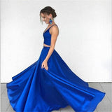 Two Piece Deep V-Neck Royal Blue Satin Prom Dress Evening Dress PG486 - Pgmdress