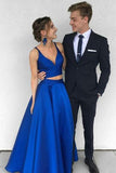 Zweiteiliges Abendkleid aus königsblauem Satin mit tiefem V-Ausschnitt und Abendkleid PG486 