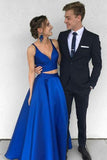 Robe de soirée en satin bleu royal à col en V profond à deux pièces PG486 