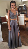 Two Piece Deep V Neck Slit Grey Chiffon Prom Dressses With Beading PG526 - Pgmdress