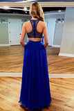 Two Piece Floor-Length Royal Blue Chiffon Prom Dress with Lace Pockets PG650 - Pgmdress