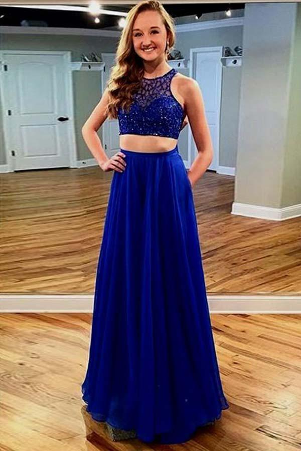 Two Piece Floor-Length Royal Blue Chiffon Prom Dress with Lace Pockets PG650 - Pgmdress