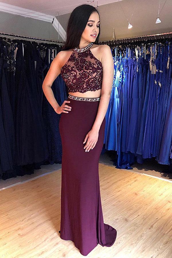 Two Piece Grape Mermaid Open Back Long Prom Dress Evening Dress PG978 - Pgmdress