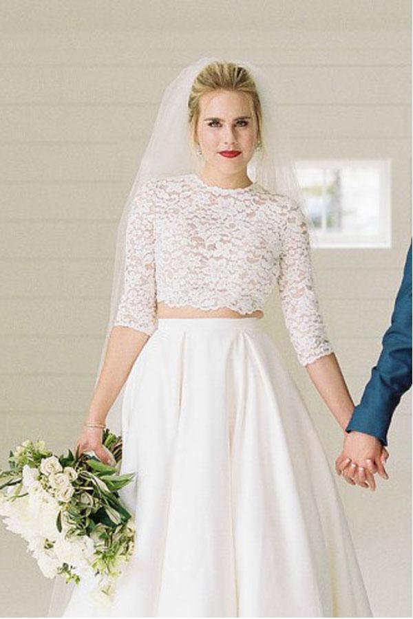 Two Piece Half Sleeves See-Through Wedding Dress with Lace Top WD387 - Pgmdress
