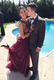 Two Piece Halter Burgundy Tulle Open Back Beading Prom Dresses PG459 - Pgmdress