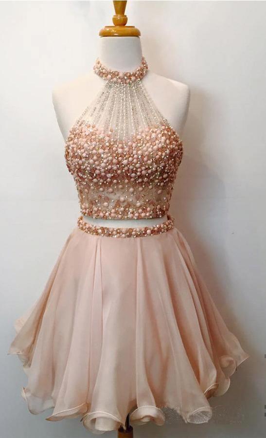 Two Piece Halter Homecoming Dresses Blush Pink Short Prom Dresses PD289 - Pgmdress