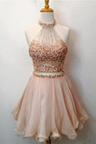 Two Piece Halter Homecoming Dresses Blush Pink Short Prom Dresses PD289 - Pgmdress