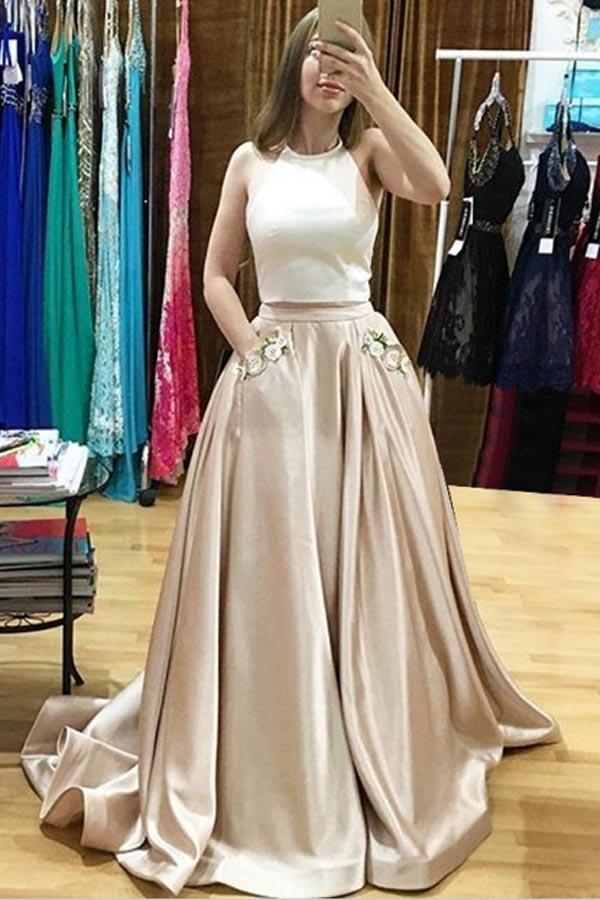 Two Piece Halter Sweep Train Prom Dress with Appliques Pockets PG408 - Pgmdress
