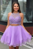 Two Piece High Neck Beading Lilac Chiffon Homecoming Dress  PD335