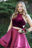 Two Piece High Neck Cut-out Burgundy Homecoming Party Dress PD035 - Pgmdress