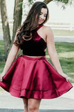 Two Piece High Neck Cut-out Burgundy Homecoming Party Dress PD035