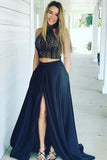 Two Piece High Neck Dark Blue Satin Prom Dress with Lace Split PG654