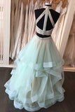 Two Piece High Neck Floor-Length Open Back Mint Organza Prom Dress PG551 - Pgmdress