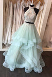 Robe de bal deux pièces en organza menthe à col haut et dos ouvert PG551 