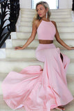 Two Piece High Neck Mermaid Satin Pink Long Prom Dress with Split  PG892