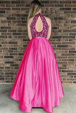 Two Piece High Neck Open Back Satin Prom Dress with Beading PG531 - Pgmdress