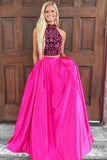 Two Piece High Neck Open Back Satin Prom Dress with Beading  PG531