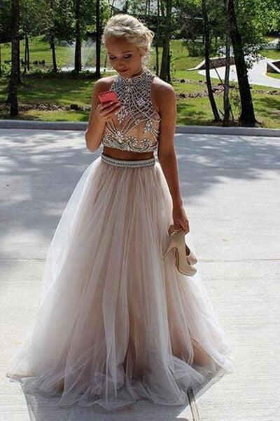 Two Piece High Neck Sleeveless Prom Dress Evening Dress PG371 US0 / Gray Two Piece High Neck Sleeveless Prom Dress Evening Dress PG371 US0 / Gray