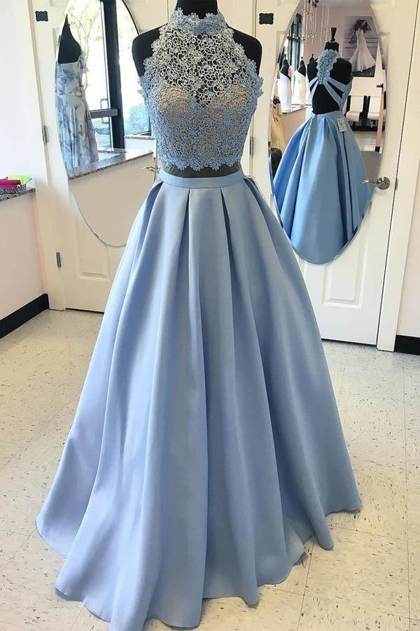 Two Piece Light Blue Lace Prom Dresses High Neck Evening Gowns PG944 - Pgmdress