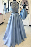 Two Piece Light Blue Lace Prom Dresses High Neck Evening Gowns PG944