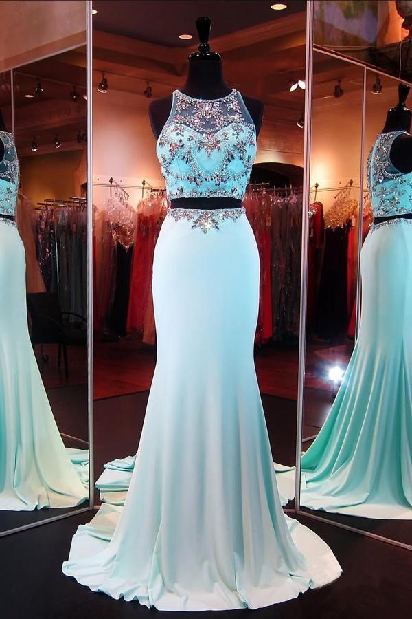 Two Piece Mermaid Blue Prom Dresses Evening Dresses With Beading PG289 - Pgmdress