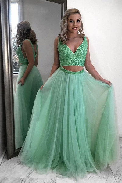 Two Piece Chiffon Beading Mint Green Long Prom Dress PSK036 US14 / Custom Color Two Piece Chiffon Beading Mint Green Long Prom Dress PSK036 US14 / Custom Color
