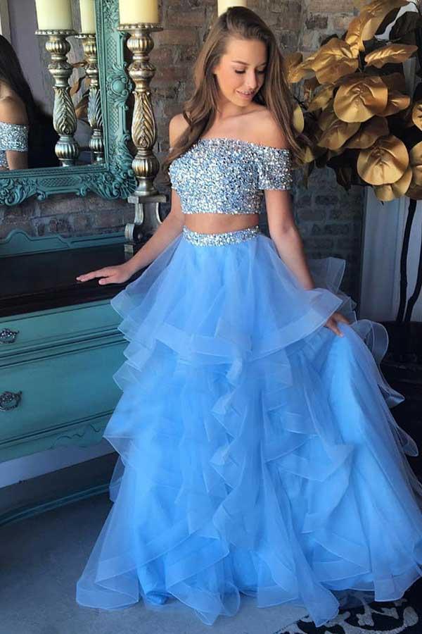 Two Piece Off-the-Shoulder Blue Tiered Organza Prom Dress with Sequins PG520 - Pgmdress