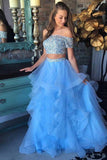 Two Piece Off-the-Shoulder Blue Tiered Organza Prom Dress with Sequins PG520