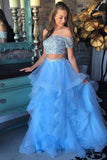 Two Piece Off-the-Shoulder Blue Tiered Organza Prom Dress with Sequins PG520 - Pgmdress