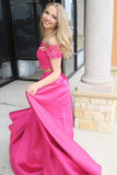 Two Piece Off-the-Shoulder Short Sleeves Fuchsia Prom Dress with Pockets PSK120 - Pgmdress