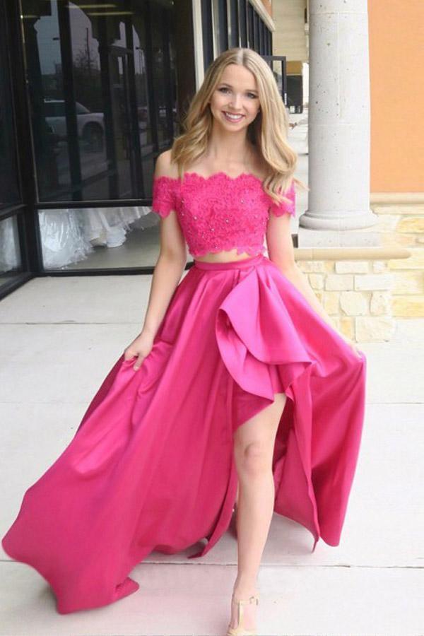 Two Piece Off-the-Shoulder Short Sleeves Fuchsia Prom Dress with Pockets PSK120 - Pgmdress