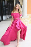 Two Piece Off-the-Shoulder Short Sleeves Fuchsia Prom Dress with Pockets PSK120 - Pgmdress