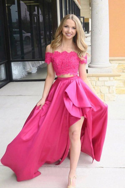 Two Piece Off Shoulder Fuchsia Prom Dress with Pockets PSK120 US2 / Red