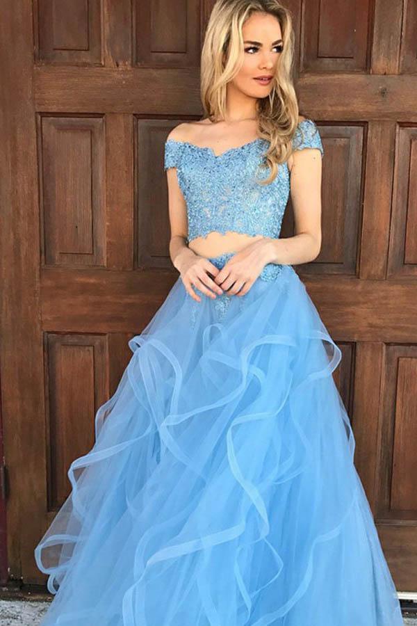 Two Piece Off The Shoulder Sky Blue Organza Prom Dress with Appliques PG451 - Pgmdress