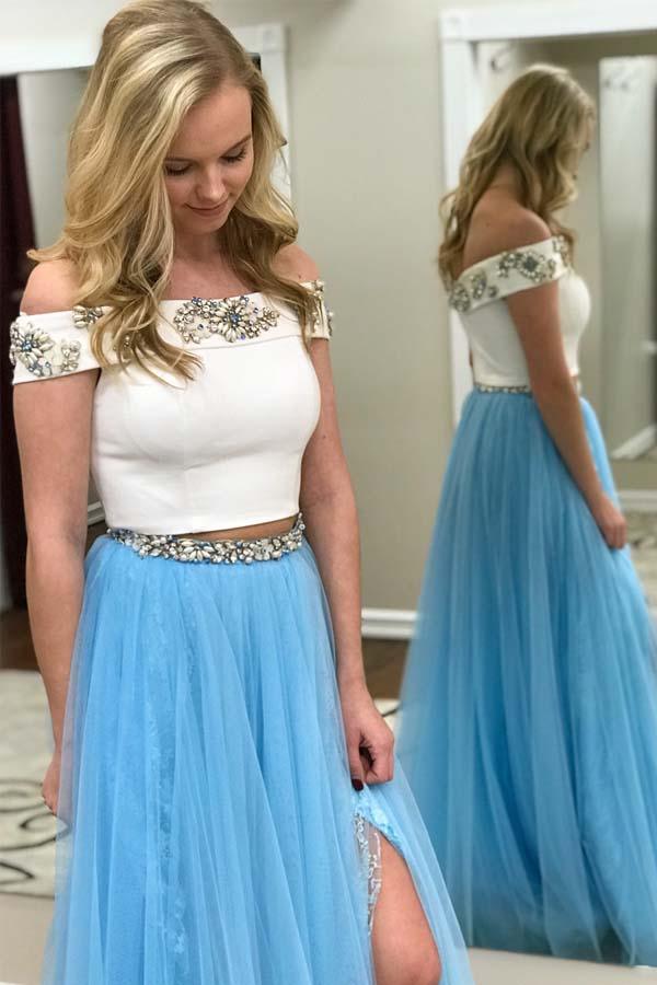 Two Piece Off the Shoulder White and Blue Long Prom Dress with Side Slit PG542 - Pgmdress