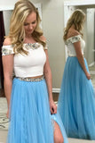 Two Piece Off the Shoulder White and Blue Long Prom Dress with Side Slit PG542