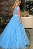 Two Piece Open Back Blue Tulle Prom Dress with Beading PG587 - Pgmdress