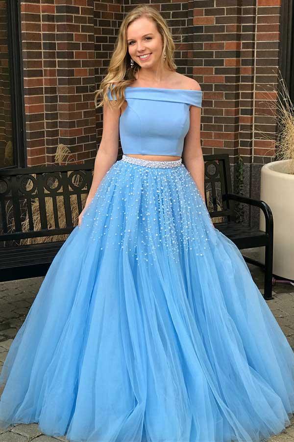 Two Piece Open Back Blue Tulle Prom Dress with Beading PG587 - Pgmdress