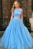 Two Piece Open Back Blue Tulle Prom Dress with Beading PG587 - Pgmdress