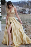 Two Piece Prom Dress A-Line V-neck Gold Satin Beading Evening Dress PSK158