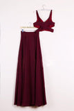 Two Piece Prom Dresses A-line Floor-length Burgundy Chiffon Prom Dress PM248 - Pgmdress