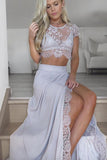 Two Piece Round Neck Light Gray Chiffon Prom Dress with Lace Split PG423 - Pgmdress
