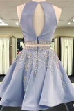 Two Piece Round Neck Light Sky Blue Beaded Satin Homecoming Dress PG188 - Pgmdress