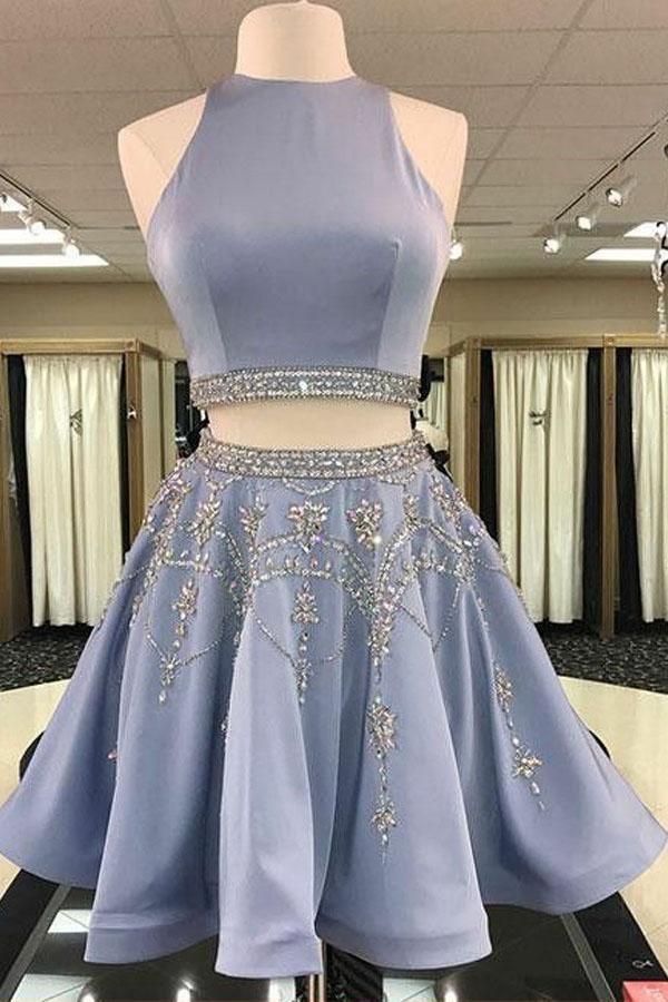 Two Piece Round Neck Light Sky Blue Beaded Satin Homecoming Dress PG188 - Pgmdress