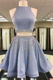 Two Piece Round Neck Light Sky Blue Beaded Satin Homecoming Dress PG188