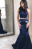 Two Piece Round Neck Navy Blue Satin Prom Dress with Pockets Beading PG722